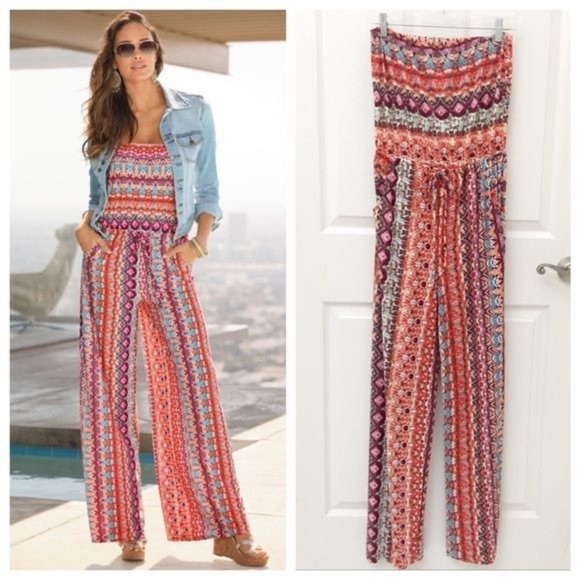 Boston Proper Red and Pink Geometric Jumpsuit - Picture 1 of 10